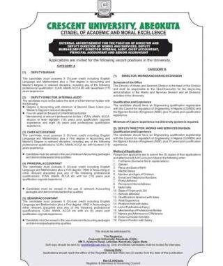 Crescent University Senior Staff Recruitment 2025