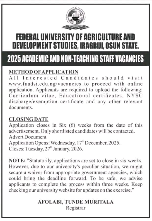 FUADSI 2025 Recruitment for Academic and Non-Teaching Staff Apply Now ...