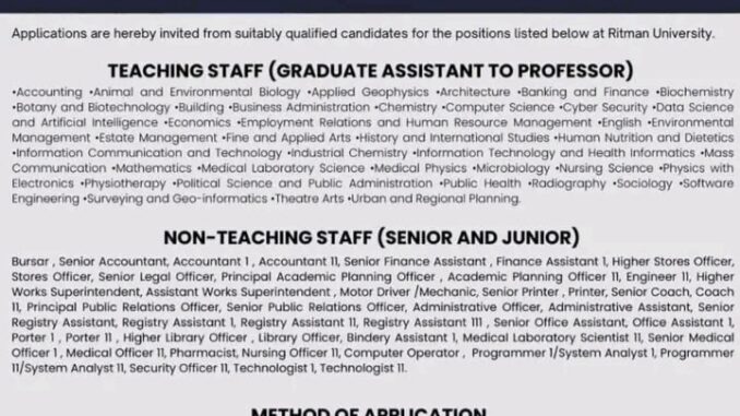 Ritman University recruitment 2026